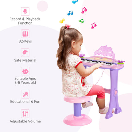 Mini Electronic Organ Piano with Microphone and Stool - Purple/Pink