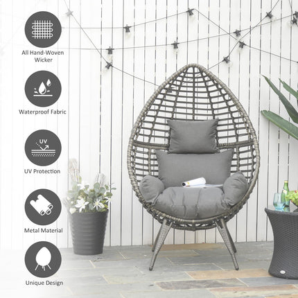 Rattan Wicker Teardrop Egg Chair with Cushion - Grey