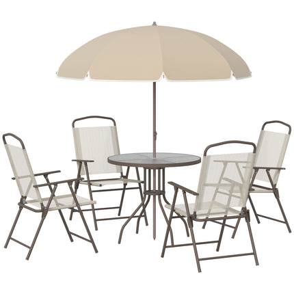 Garden Patio Texteline Folding Chairs with Table and Parasol 6-Piece Bistro Set - Beige
