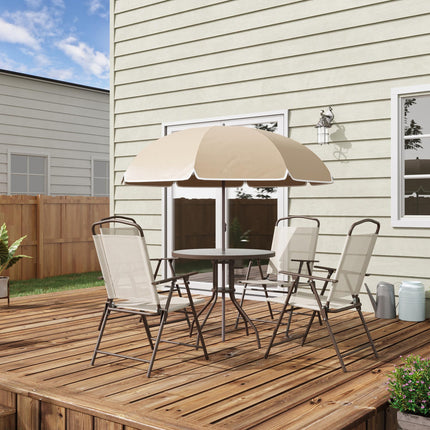 Garden Patio Texteline Folding Chairs with Table and Parasol 6-Piece Bistro Set - Beige
