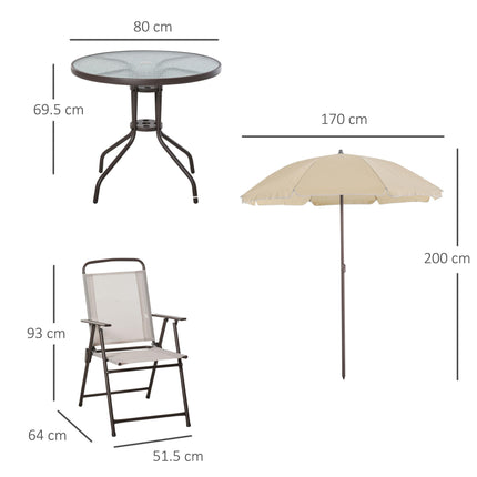 Garden Patio Texteline Folding Chairs with Table and Parasol 6-Piece Bistro Set - Beige