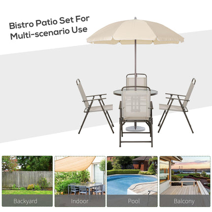 Garden Patio Texteline Folding Chairs with Table and Parasol 6-Piece Bistro Set - Beige