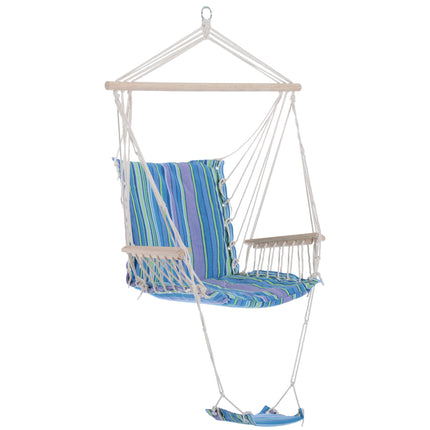 Outdoor Hanging Rope Hammock Chair with Footrest and Armrest - Blue Cotton