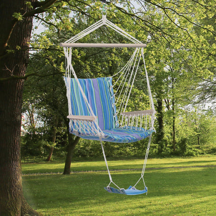 Outdoor Hanging Rope Hammock Chair with Footrest and Armrest - Blue Cotton