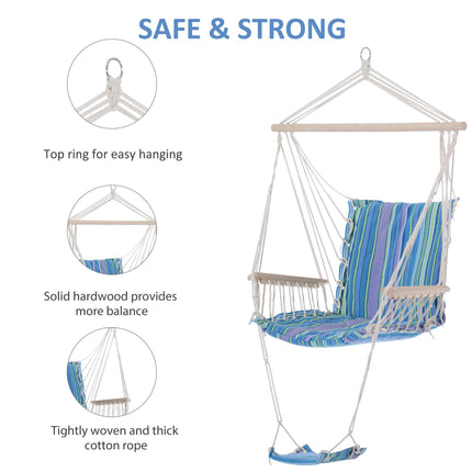 Outdoor Hanging Rope Hammock Chair with Footrest and Armrest - Blue Cotton