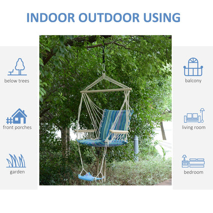 Outdoor Hanging Rope Hammock Chair with Footrest and Armrest - Blue Cotton