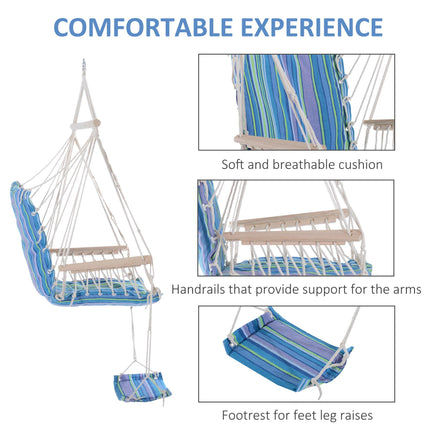 Outdoor Hanging Rope Hammock Chair with Footrest and Armrest - Blue Cotton