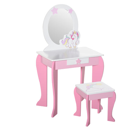 Girls Dressing Table Set with Mirror and Stool Pink Unicorn Design - Pink