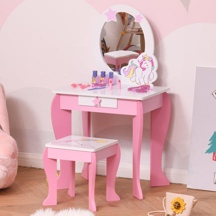 Girls Dressing Table Set with Mirror and Stool Pink Unicorn Design - Pink