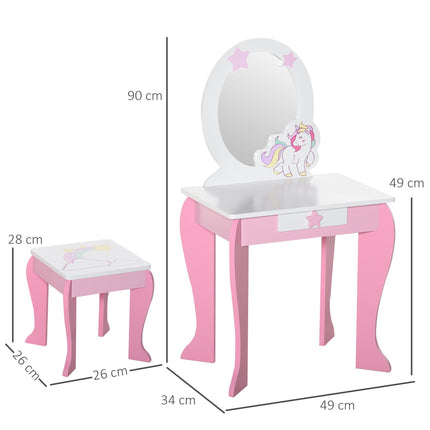 Girls Dressing Table Set with Mirror and Stool Pink Unicorn Design - Pink