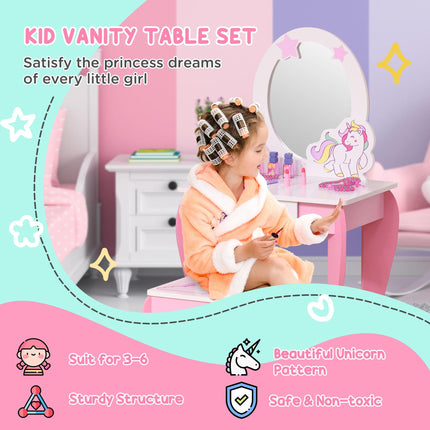 Girls Dressing Table Set with Mirror and Stool Pink Unicorn Design - Pink