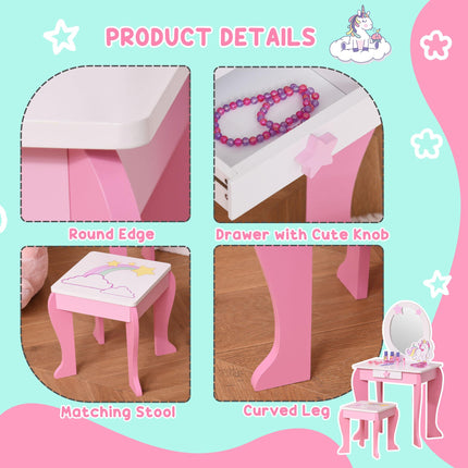 Girls Dressing Table Set with Mirror and Stool Pink Unicorn Design - Pink