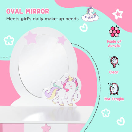 Girls Dressing Table Set with Mirror and Stool Pink Unicorn Design - Pink