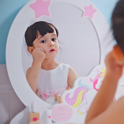 Girls Dressing Table Set with Mirror and Stool Pink Unicorn Design - Pink