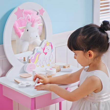 Girls Dressing Table Set with Mirror and Stool Pink Unicorn Design - Pink