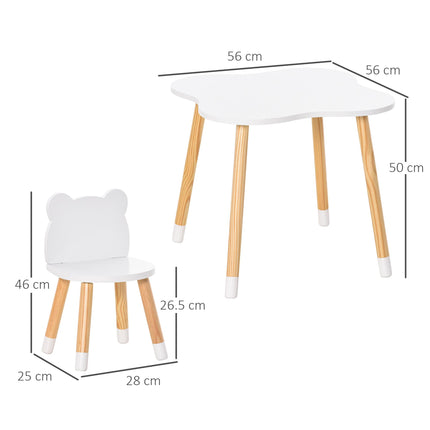 3 Piece Kids Table and Bear-Shaped Chair Set for Toddlers - White