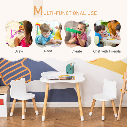 3 Piece Kids Table and Bear-Shaped Chair Set for Toddlers - White