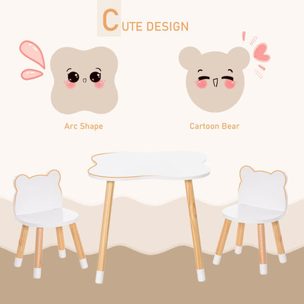 3 Piece Kids Table and Bear-Shaped Chair Set for Toddlers - White