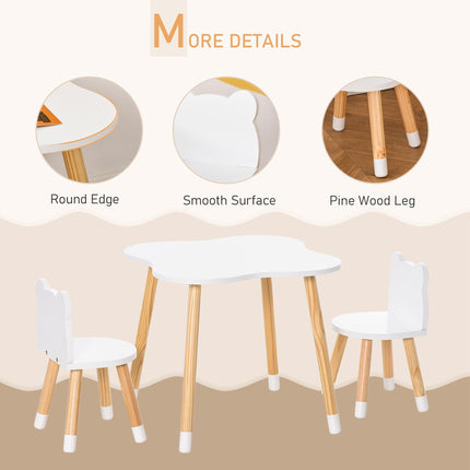 3 Piece Kids Table and Bear-Shaped Chair Set for Toddlers - White