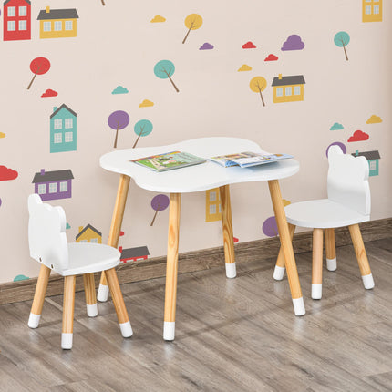 3 Piece Kids Table and Bear-Shaped Chair Set for Toddlers - White
