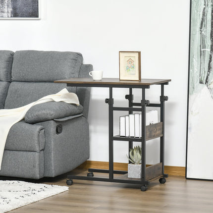 C-Shaped Industrial Mobile Rolling End Table with 3-Tier Storage and Adjustable Height - Black