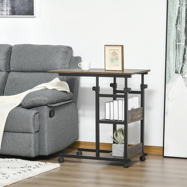 C-Shaped Industrial Mobile Rolling End Table with 3-Tier Storage and Adjustable Height - Black