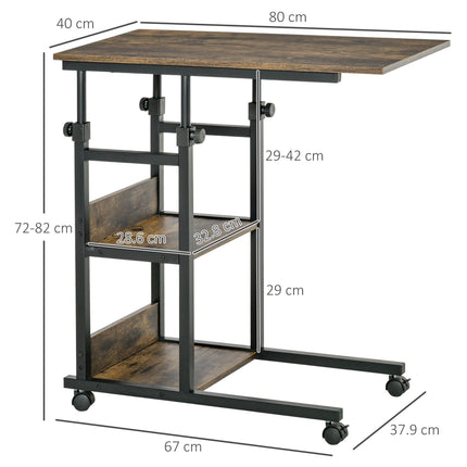 C-Shaped Industrial Mobile Rolling End Table with 3-Tier Storage and Adjustable Height - Black