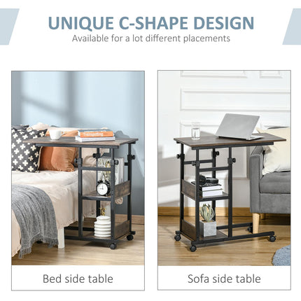 C-Shaped Industrial Mobile Rolling End Table with 3-Tier Storage and Adjustable Height - Black