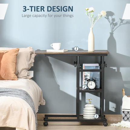 C-Shaped Industrial Mobile Rolling End Table with 3-Tier Storage and Adjustable Height - Black