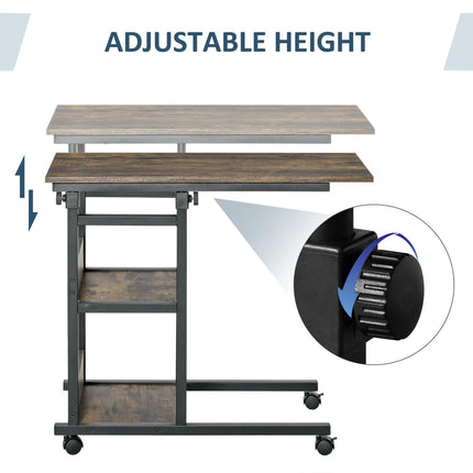 C-Shaped Industrial Mobile Rolling End Table with 3-Tier Storage and Adjustable Height - Black
