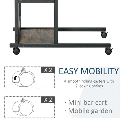 C-Shaped Industrial Mobile Rolling End Table with 3-Tier Storage and Adjustable Height - Black