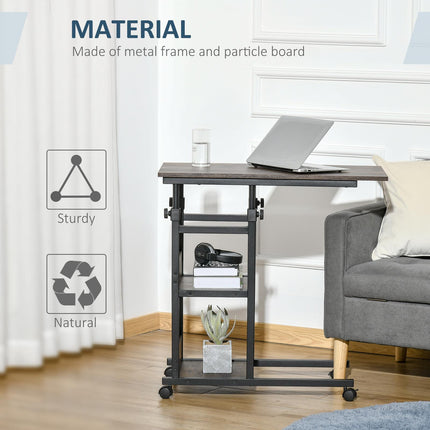C-Shaped Industrial Mobile Rolling End Table with 3-Tier Storage and Adjustable Height - Black