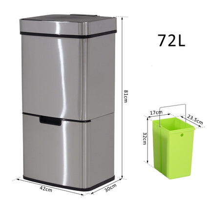 72L Stainless Steel Sensor Recycling Bin with 3 Compartments for Wet and Dry Waste - Stainless Steel