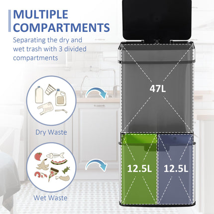 72L Stainless Steel Sensor Recycling Bin with 3 Compartments for Wet and Dry Waste - Stainless Steel