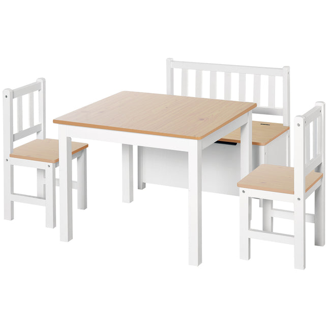 4 Piece Pine Wood Kids Furniture Set with Storage Bench - Oak and White