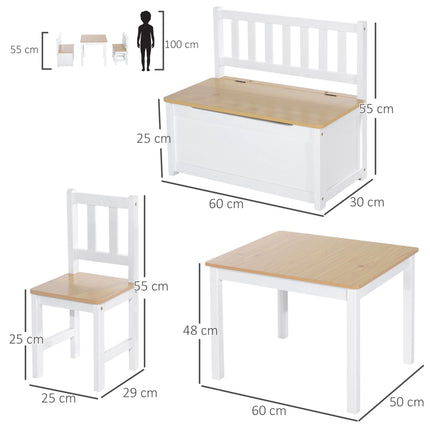 4 Piece Pine Wood Kids Furniture Set with Storage Bench - Oak and White