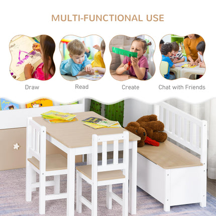 4 Piece Pine Wood Kids Furniture Set with Storage Bench - Oak and White
