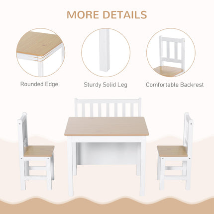 4 Piece Pine Wood Kids Furniture Set with Storage Bench - Oak and White