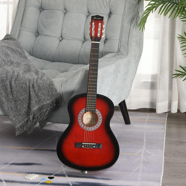 36" 3/4 Beginner Acoustic Guitar Set, with Protective Case, Red