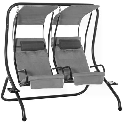 Double Seat Garden Swing Chair with Removable Canopy, Handrails & Headrests - Grey