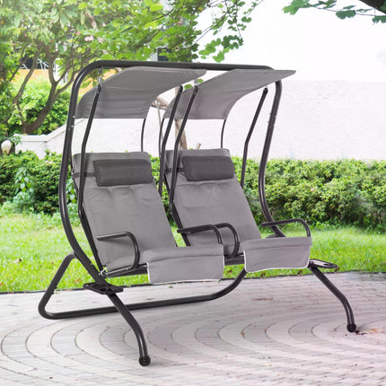 Double Seat Garden Swing Chair with Removable Canopy, Handrails & Headrests - Grey