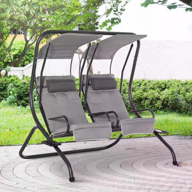 Double Seat Garden Swing Chair with Removable Canopy, Handrails & Headrests - Grey