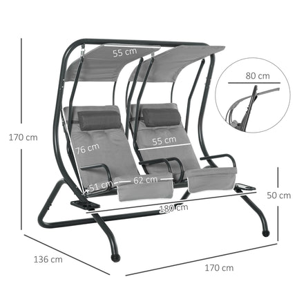 Double Seat Garden Swing Chair with Removable Canopy, Handrails & Headrests - Grey