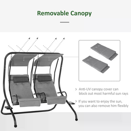 Double Seat Garden Swing Chair with Removable Canopy, Handrails & Headrests - Grey
