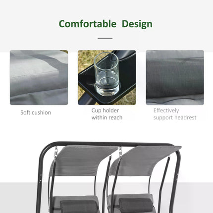 Double Seat Garden Swing Chair with Removable Canopy, Handrails & Headrests - Grey