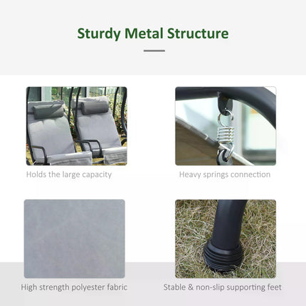 Double Seat Garden Swing Chair with Removable Canopy, Handrails & Headrests - Grey