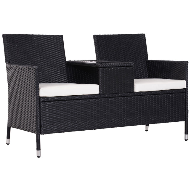 2 Seater Rattan Companion Bench with Cushions and Middle Table - Black Outdoor