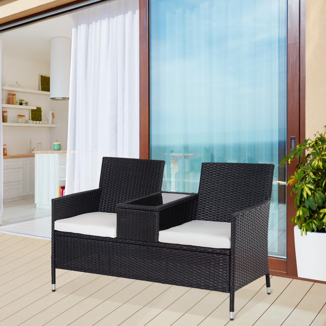 2 Seater Rattan Companion Bench with Cushions and Middle Table - Black Outdoor