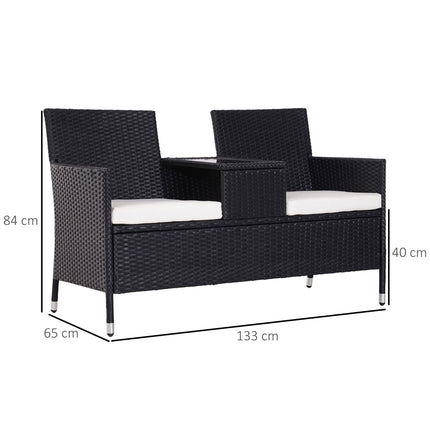 2 Seater Rattan Companion Bench with Cushions and Middle Table - Black Outdoor