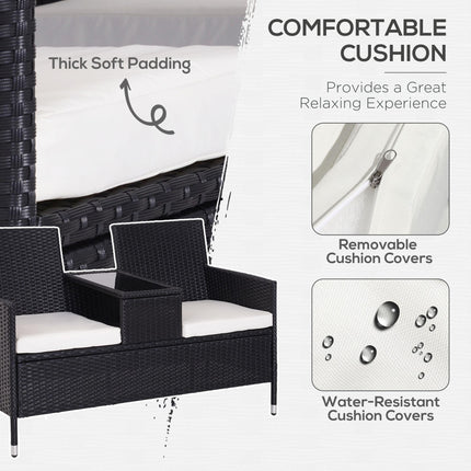 2 Seater Rattan Companion Bench with Cushions and Middle Table - Black Outdoor